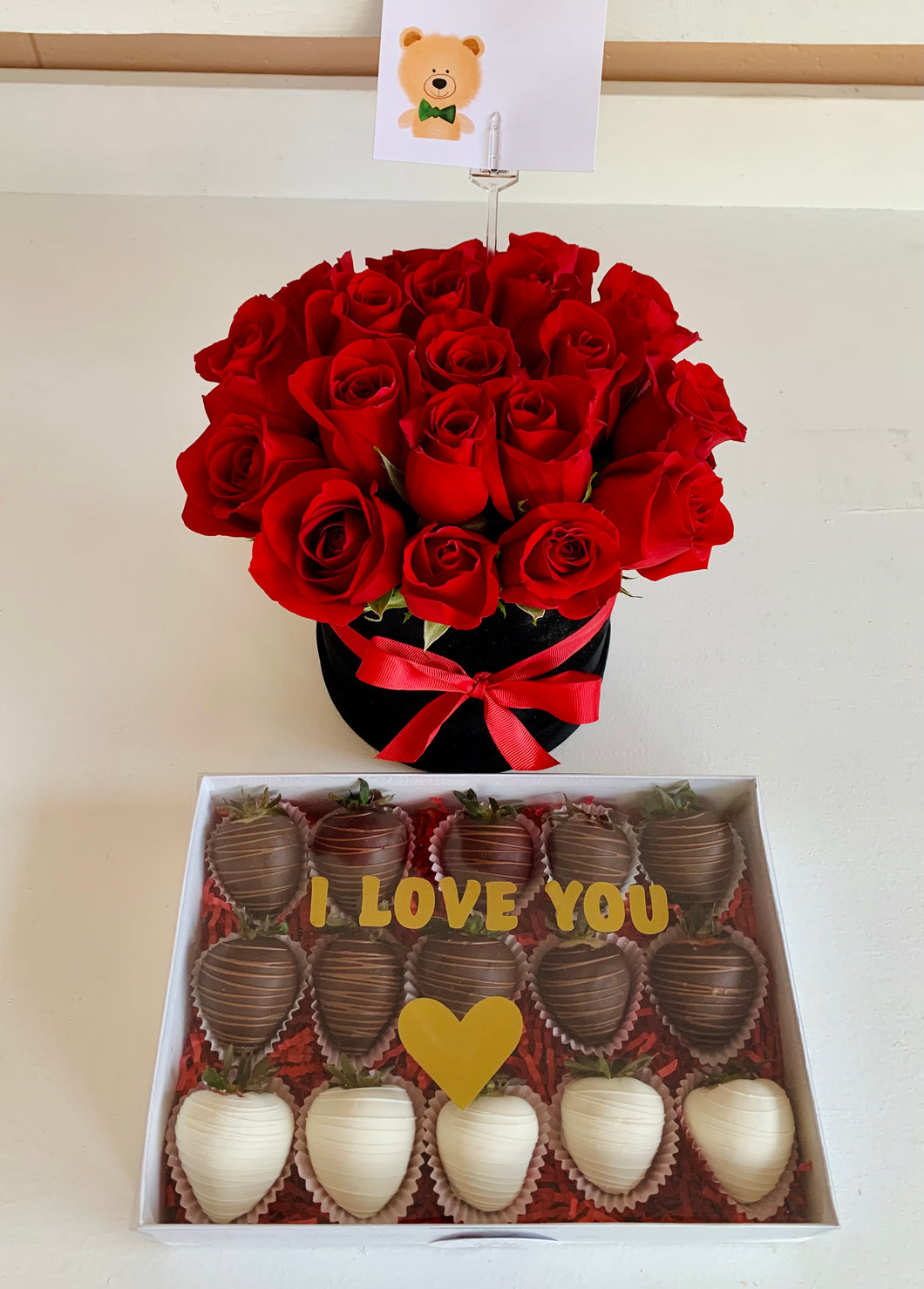 Small Black box red roses arrangement