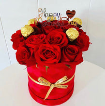 Load image into Gallery viewer, Red Medium velvet box with roses &amp; ferrero rocher
